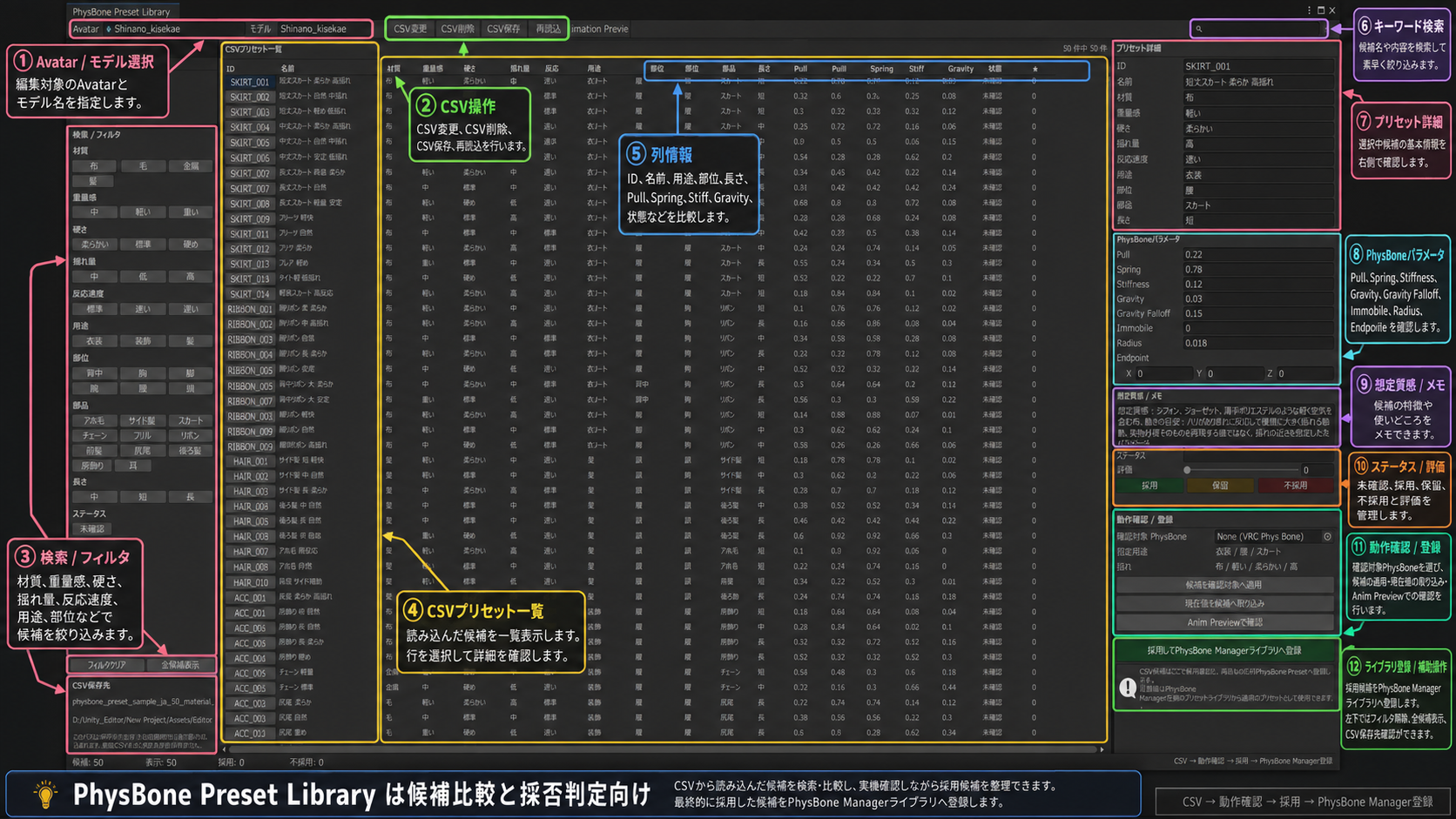 PhysBone Preset Library 操作ガイド画像